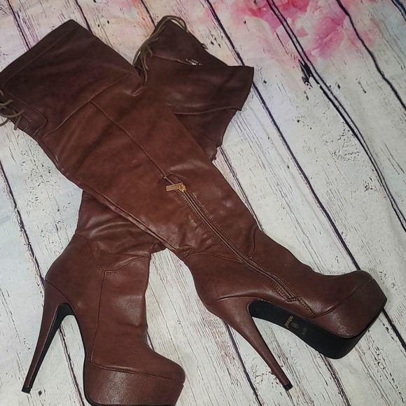 Dollhouse Shoes - Dollhouse over the knee brown boots gold acents